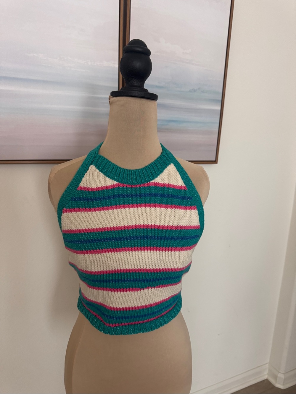 Zara Teal, Cream & Pink Striped Knit Halter Top - Picture 3 of 9
